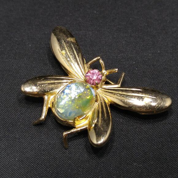 Vintage Lucite Insect Brooch, Gold Flakes, Pink Rhinestone, 1950s - Picture 1 of 10